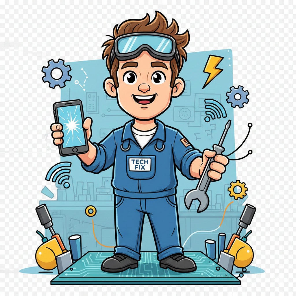 Mobile repair technician holding a phone while performing repair.
